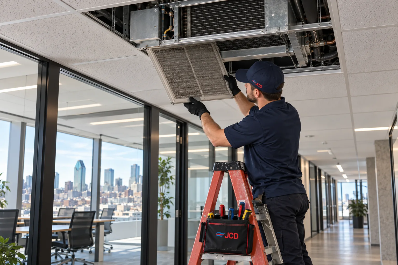 Un technicien JCD qui change le filtre d’un ventilo-convecteur au plafond
