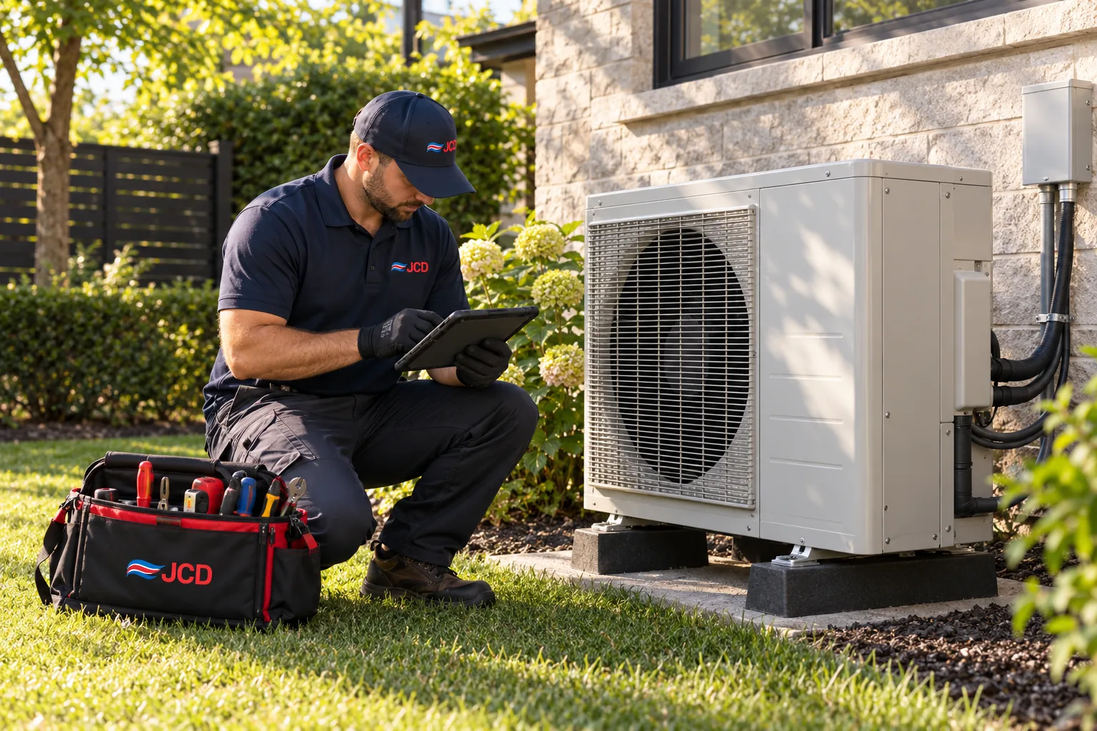 A JCD technician recording service information on a tablet beside an outdoor unit