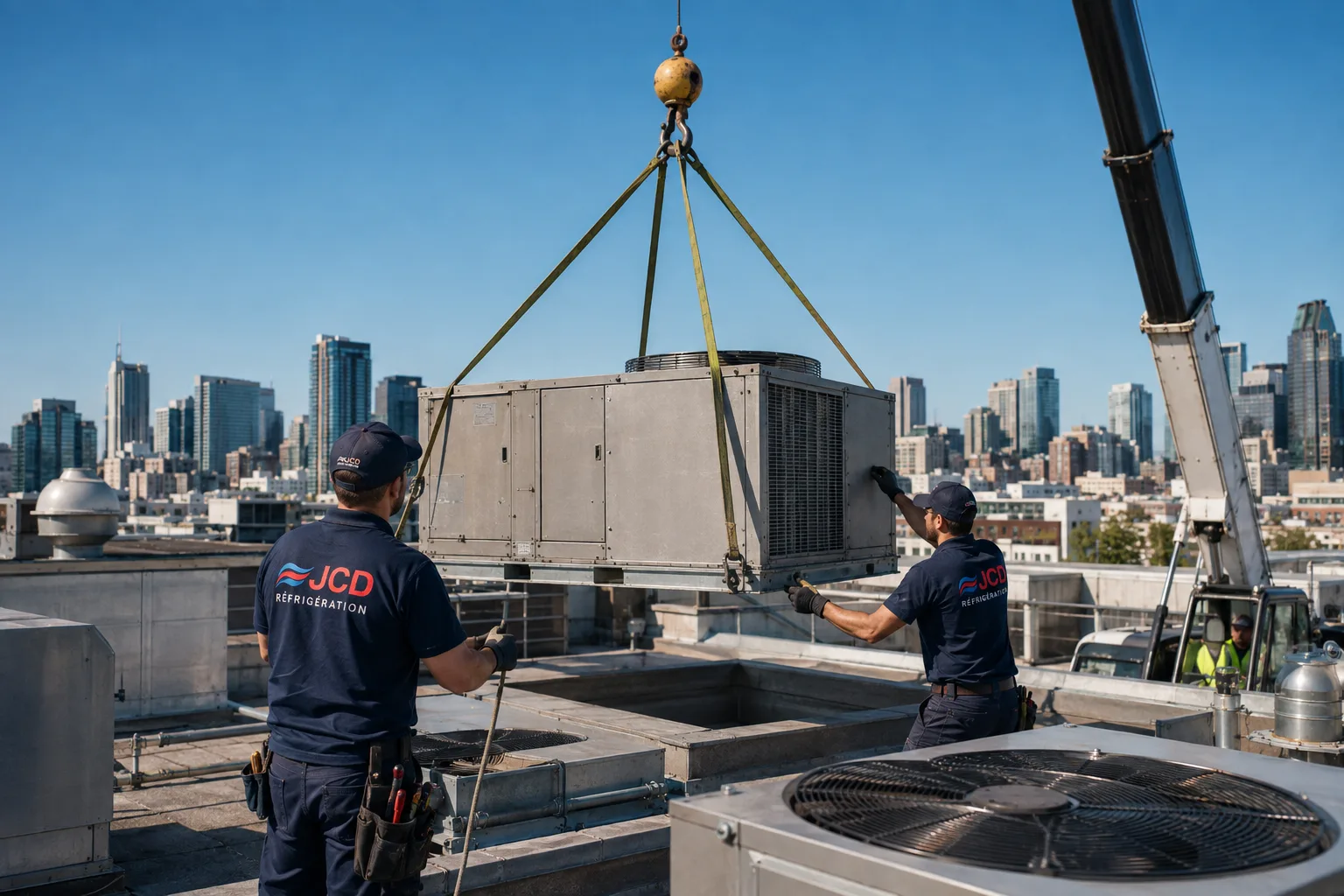 Two technicians guiding a rooftop unit lifted by crane