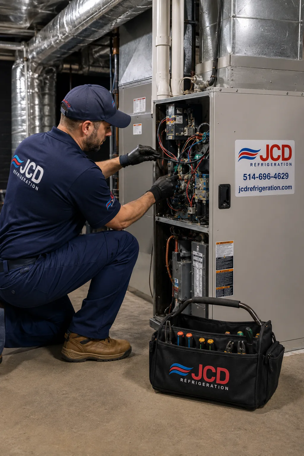 Technician wiring the control panel of an air handler in a mechanical room