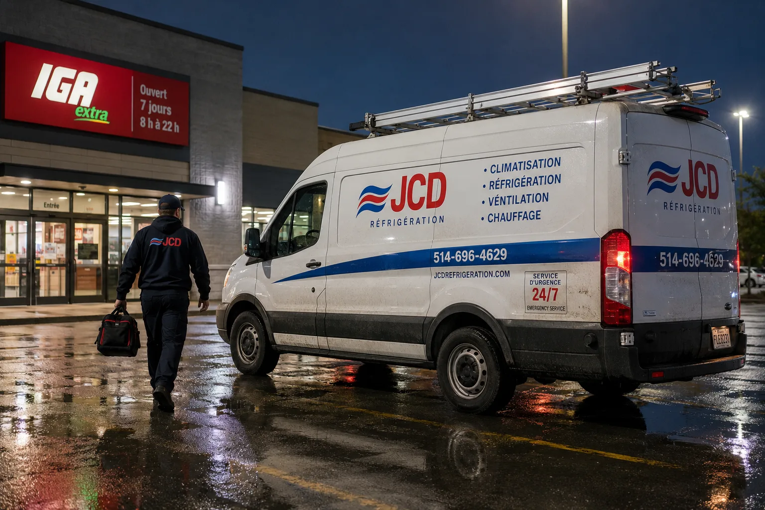 Technician walking from a service van to a grocery store entrance at night