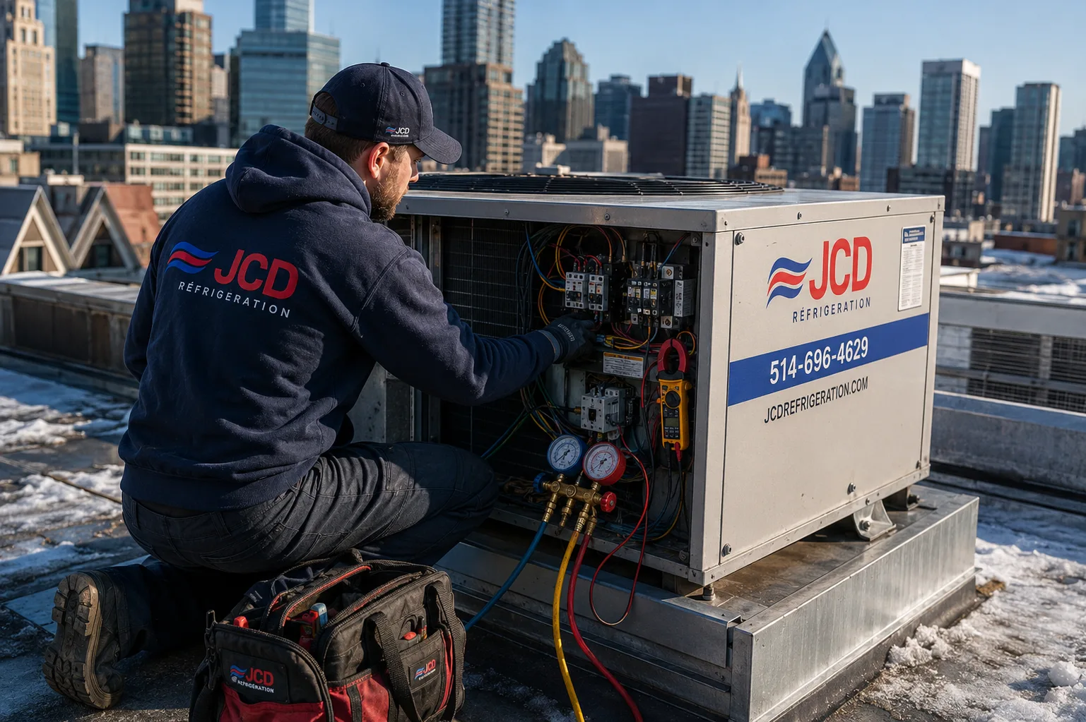 Technician checking the refrigerant pressures and wiring of a rooftop unit, with the Montreal skyline behind