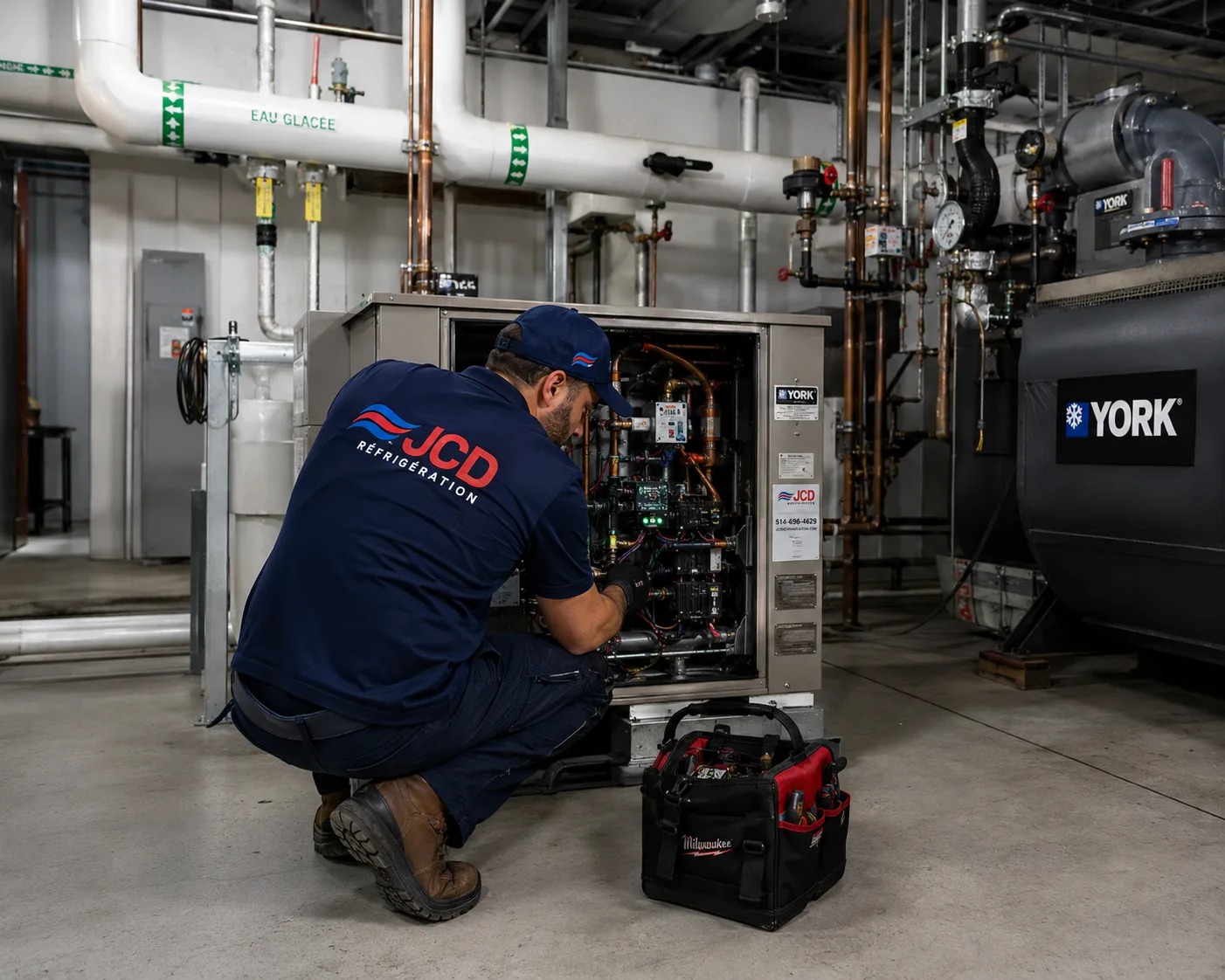 Technician servicing a water-cooled unit in a building’s chilled-water plant room