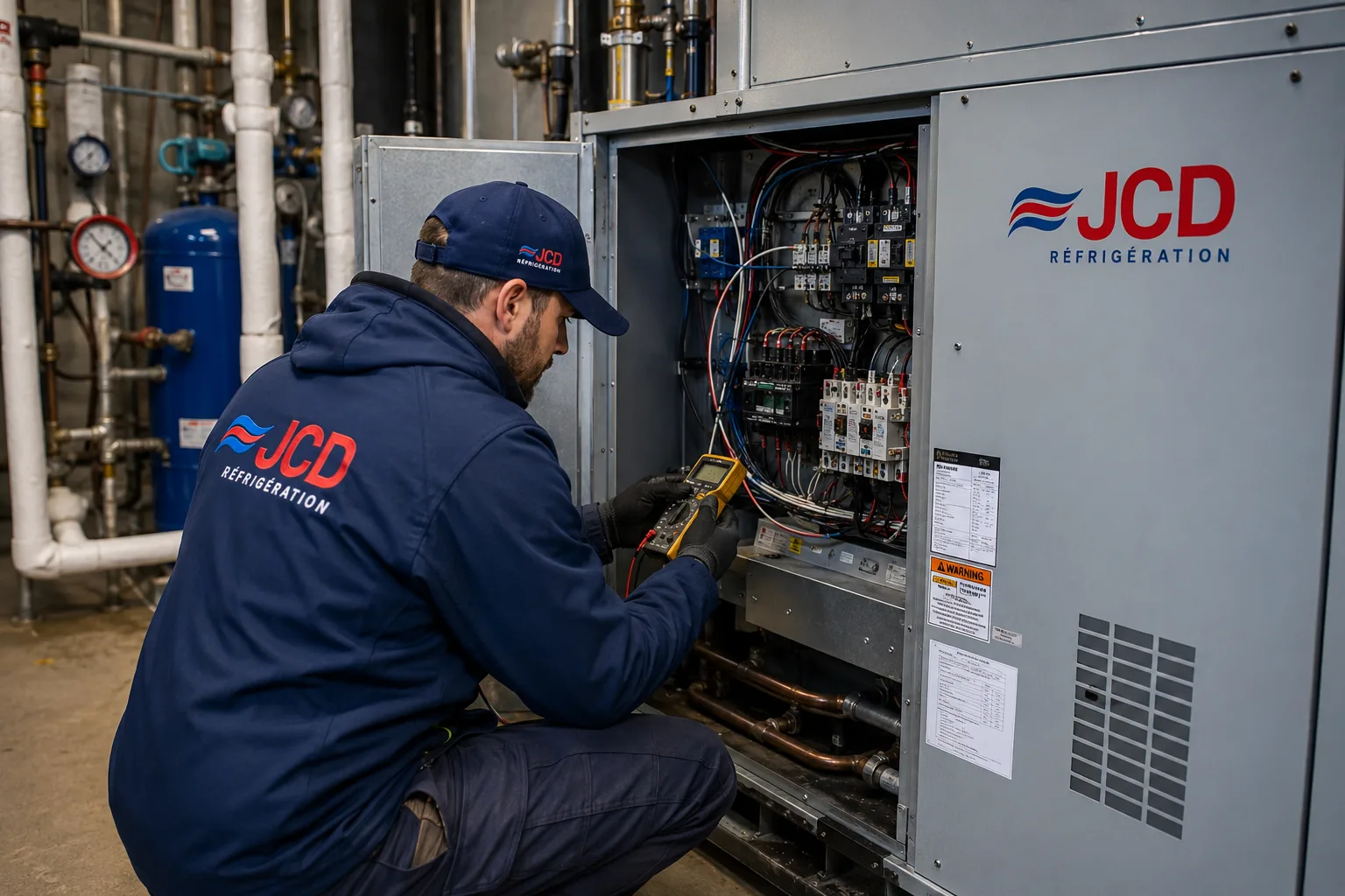 Technician testing an HVAC unit’s electrical panel with a multimeter in a mechanical room