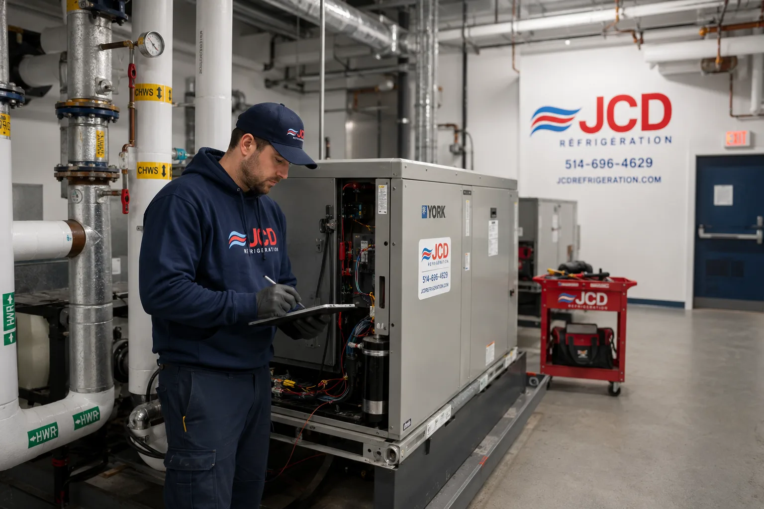 Technician recording readings on a tablet beside a York unit in a building mechanical room