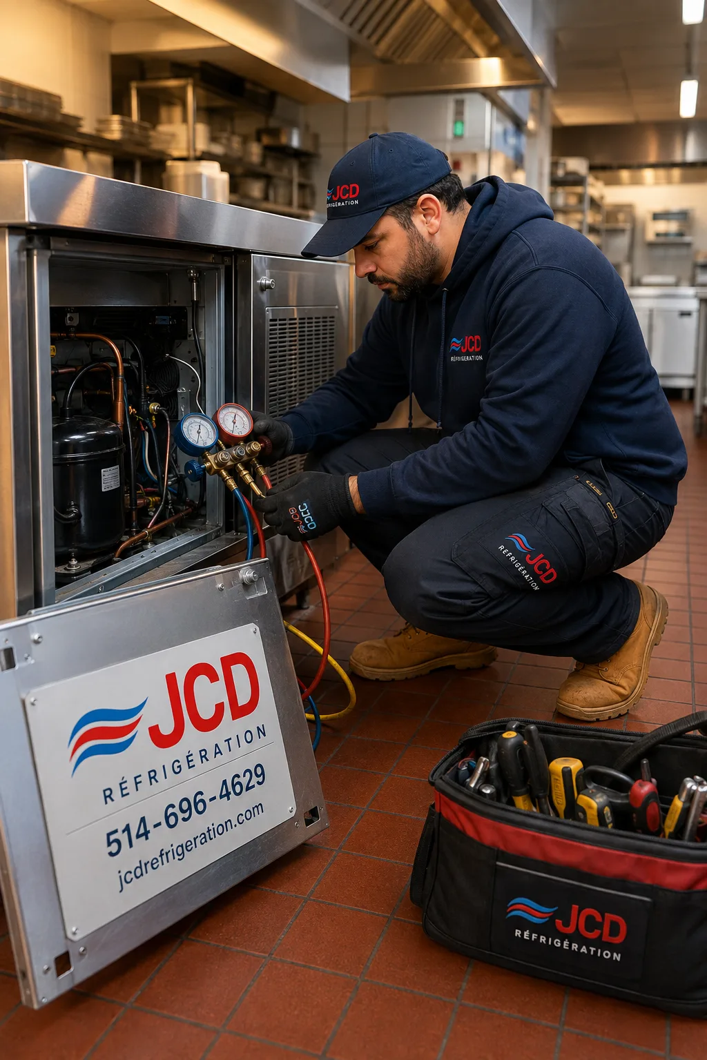 Technician connecting refrigerant gauges to a unit in a commercial kitchen