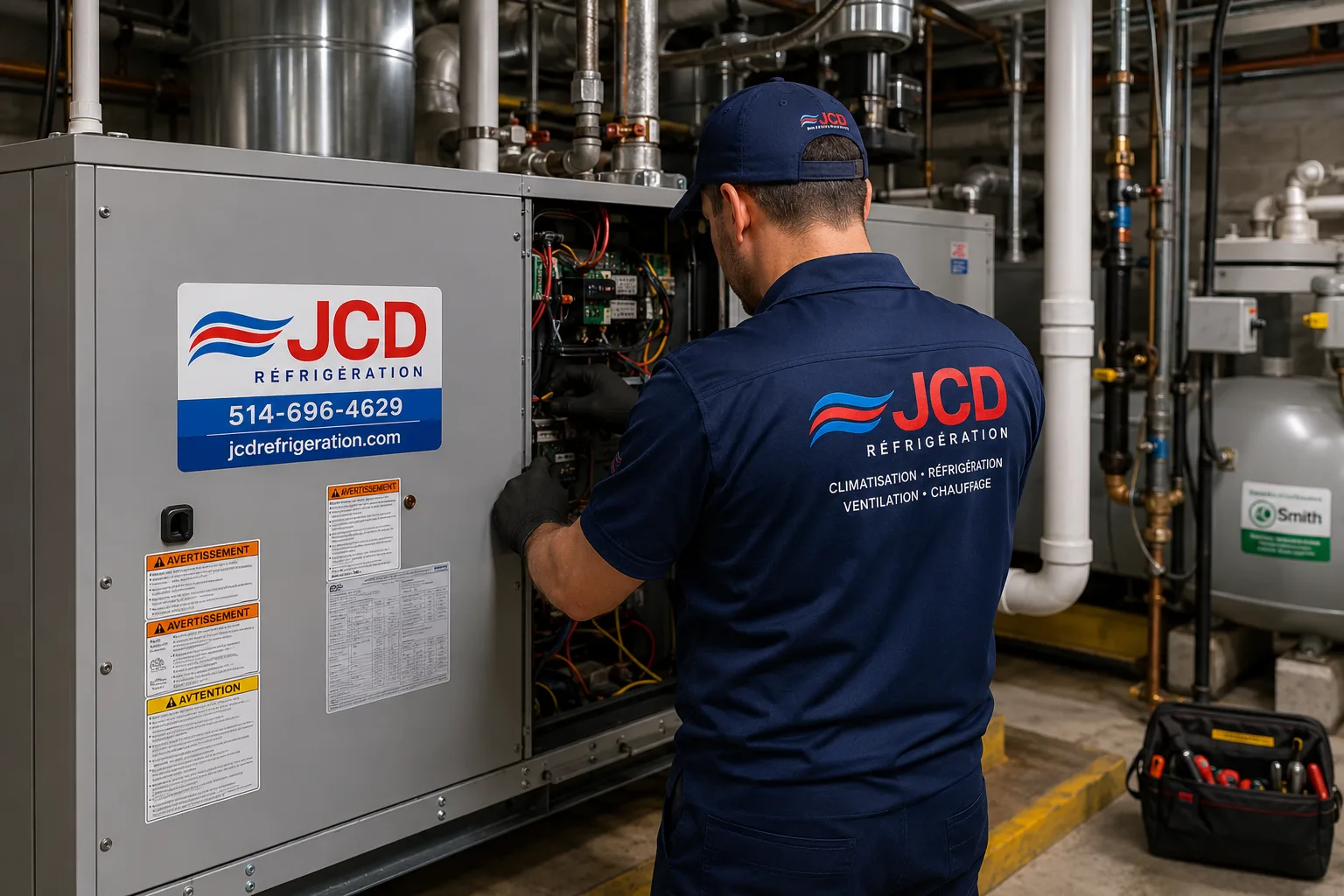 Technician working in the electrical panel of an HVAC unit in a mechanical room