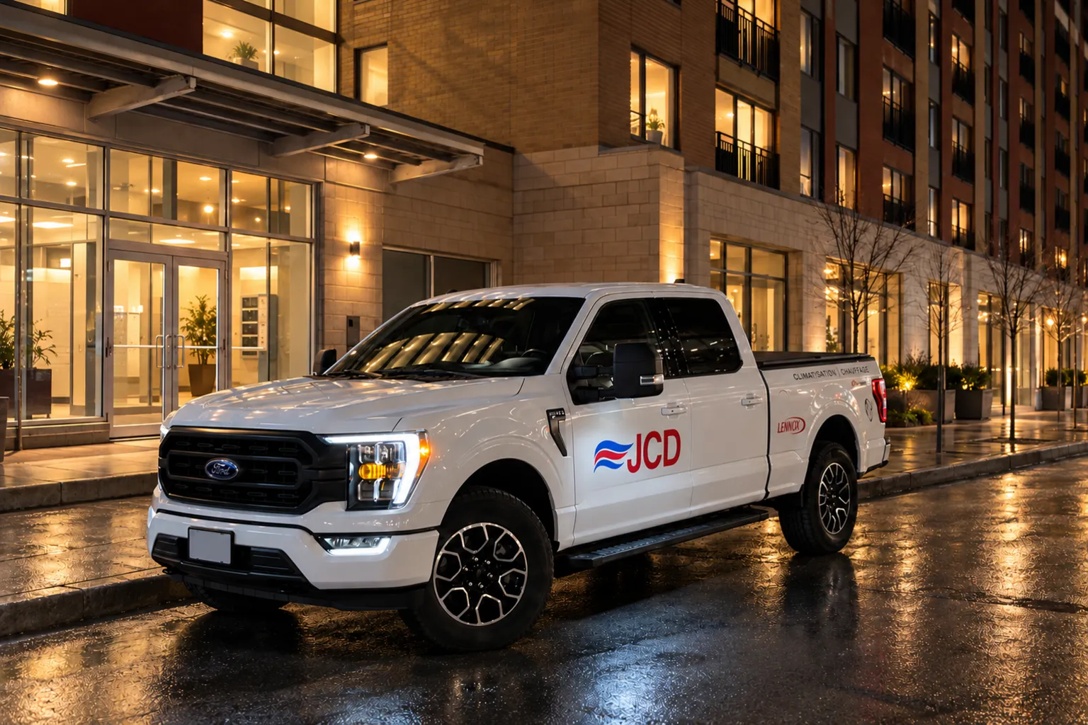 JCD service pickup parked outside a downtown Montreal condominium building at night