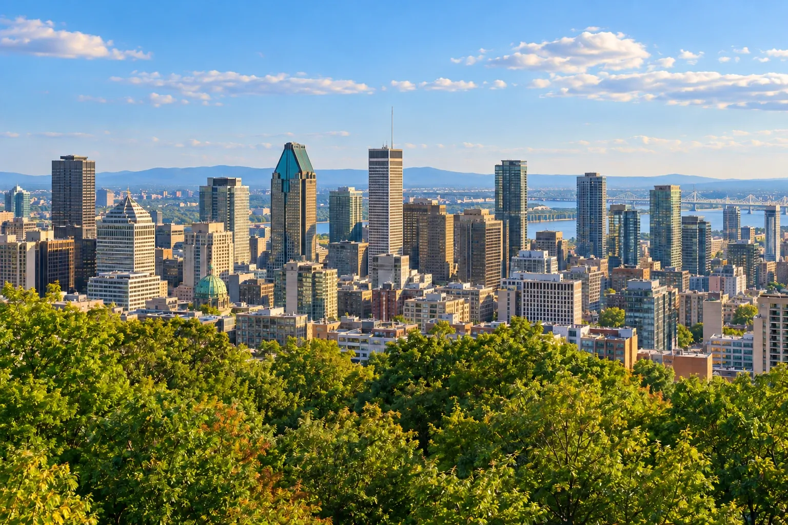 Gratte-ciel du centre-ville de Montréal vus au-dessus des arbres
