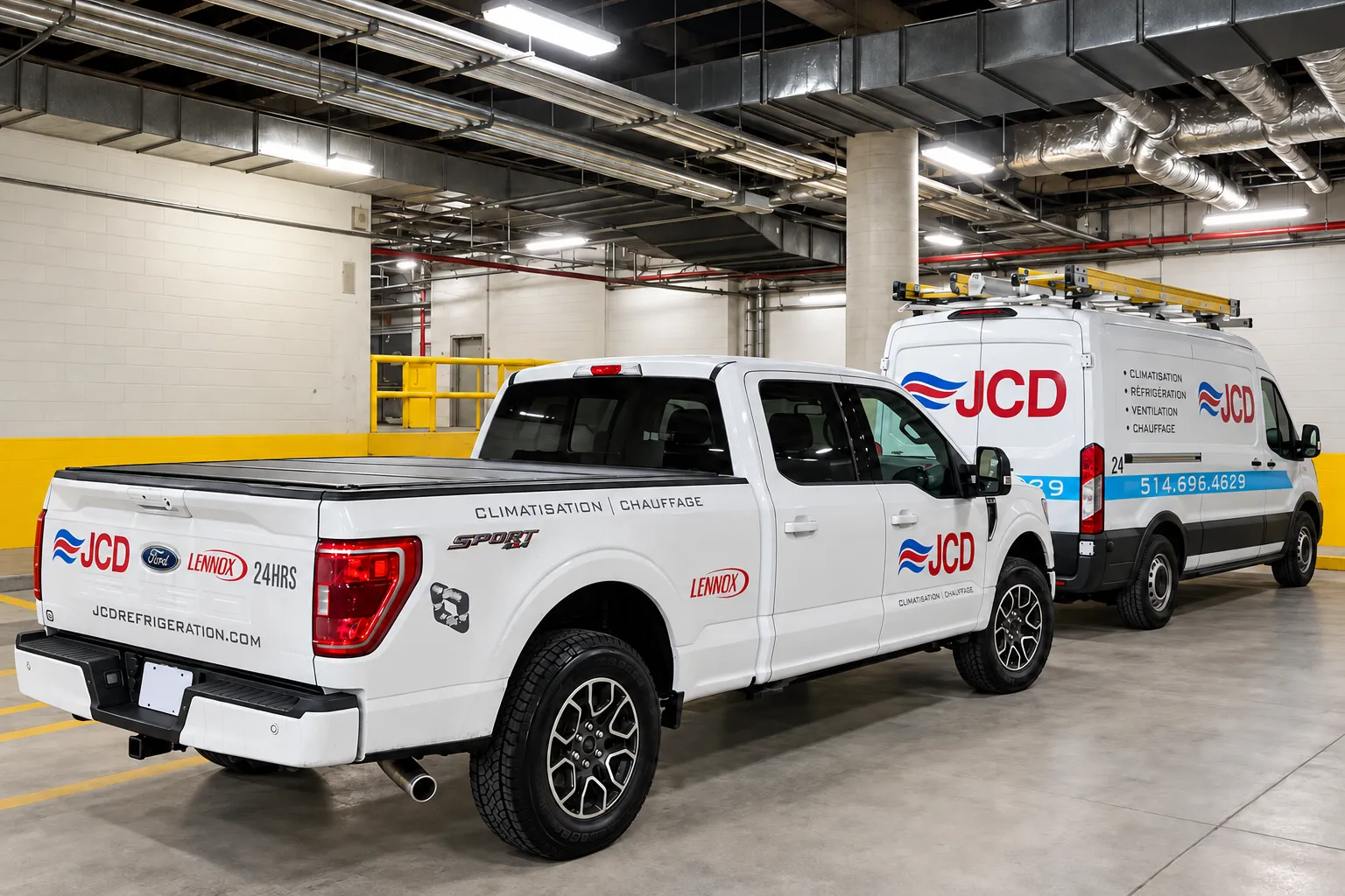 JCD service pickup and van in the underground loading dock of an office tower
