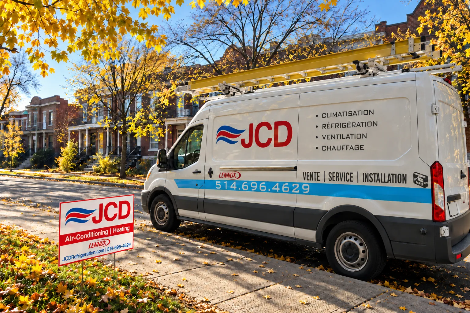JCD service van parked on a Montreal residential street in autumn, with a JCD lawn sign