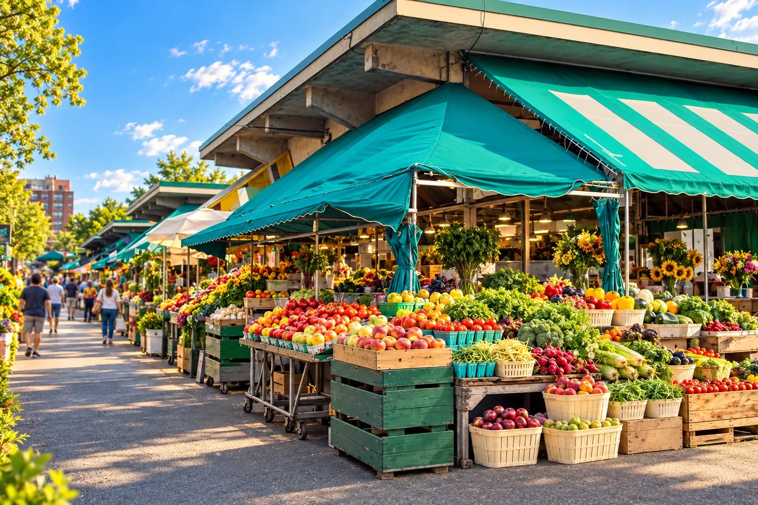 Fruit and vegetable stalls under green awnings at Jean-Talon Market