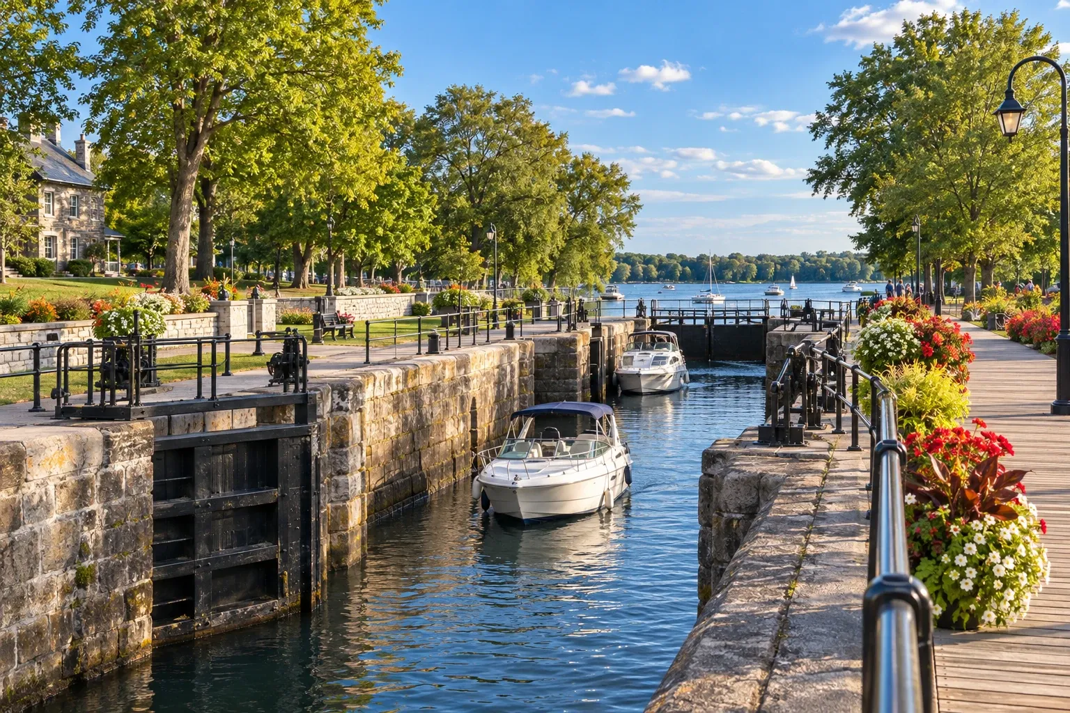 Boats in the Sainte-Anne-de-Bellevue canal lock along the waterfront