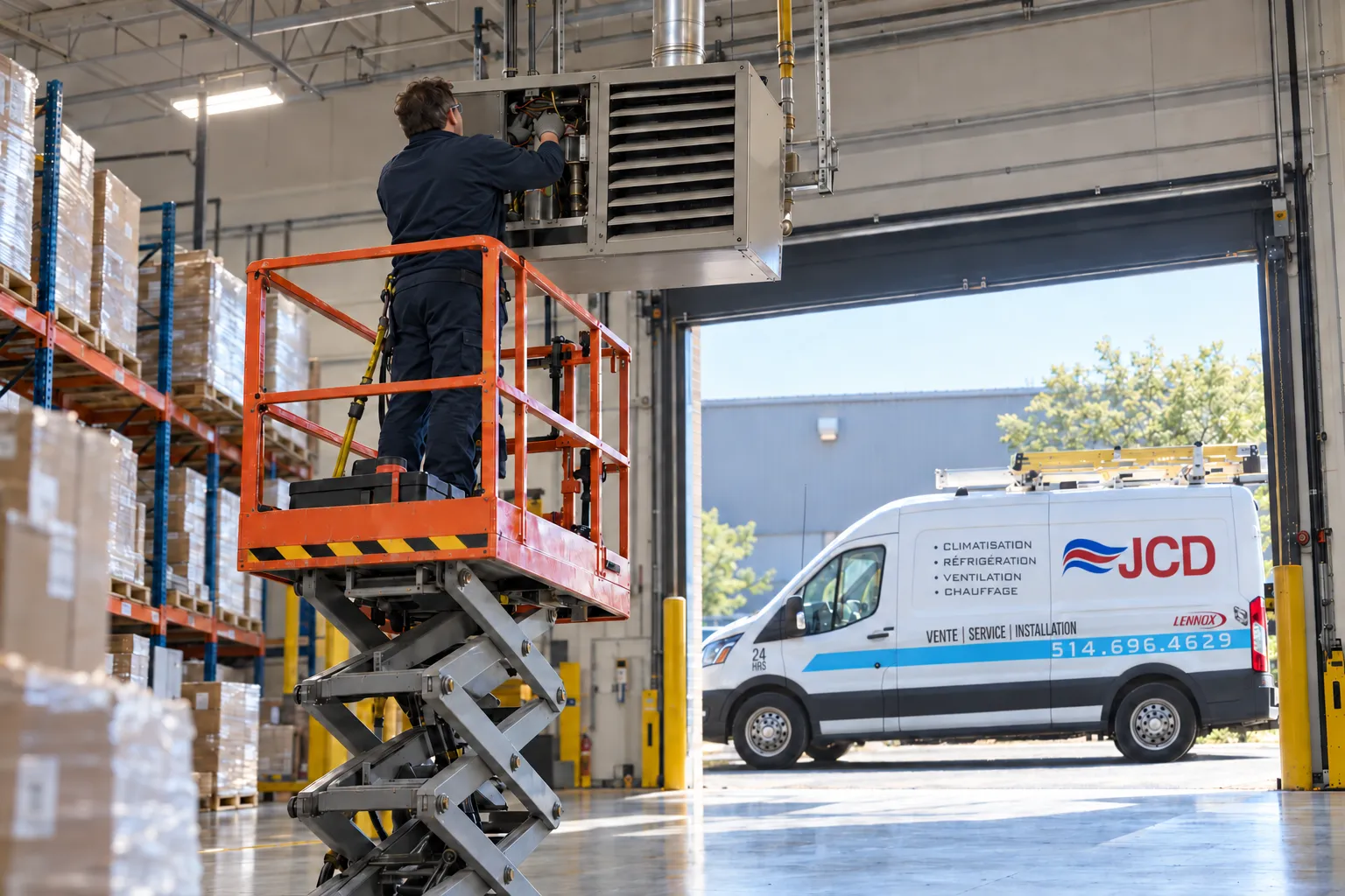 Technician on a scissor lift servicing a ceiling-mounted unit heater in a warehouse, with a JCD van outside the loading door